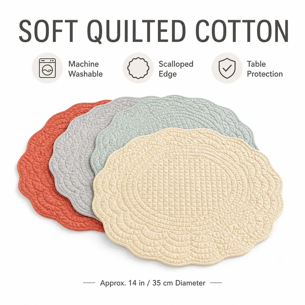 New Cotton Round Placemats Washable Scalloped Edge Quilted Placemats Prairie Chic Style Table Decor Table Mats