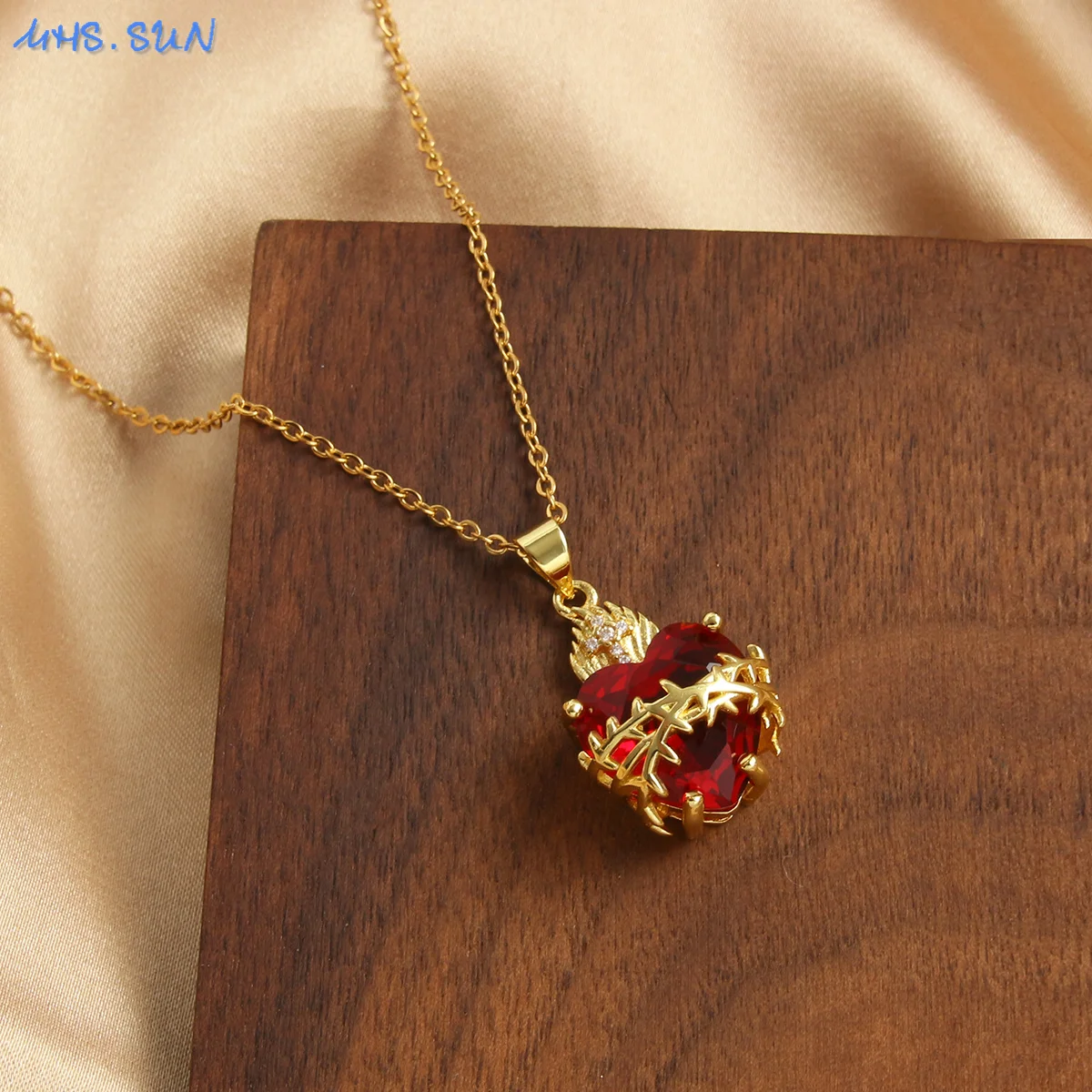 MHS.SUN Gold Plated Sacred Heart of Jesus Cross Necklace Red Zircon Religious Catholic Pendant Necklaces For Women Girls Jewelry