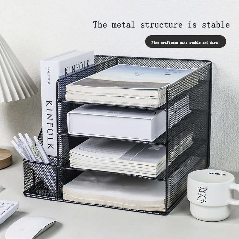Paper letter tray storage box with bookend, 4-layer desktop accessories and work space storage box, desk storage