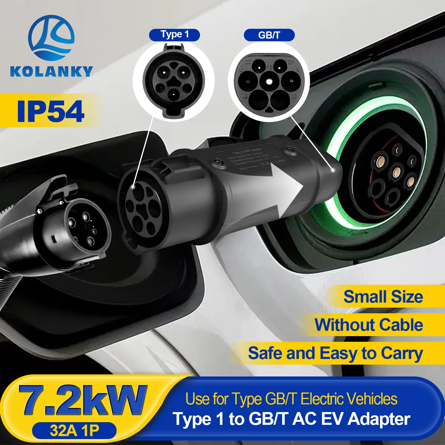 

Kolanky 32A 1P AC EV Charger 7.2KW Type 1 to GBT EV Adapter SAE J1772 to GBT EV Charging Connctor for Chinese Standard EV Car