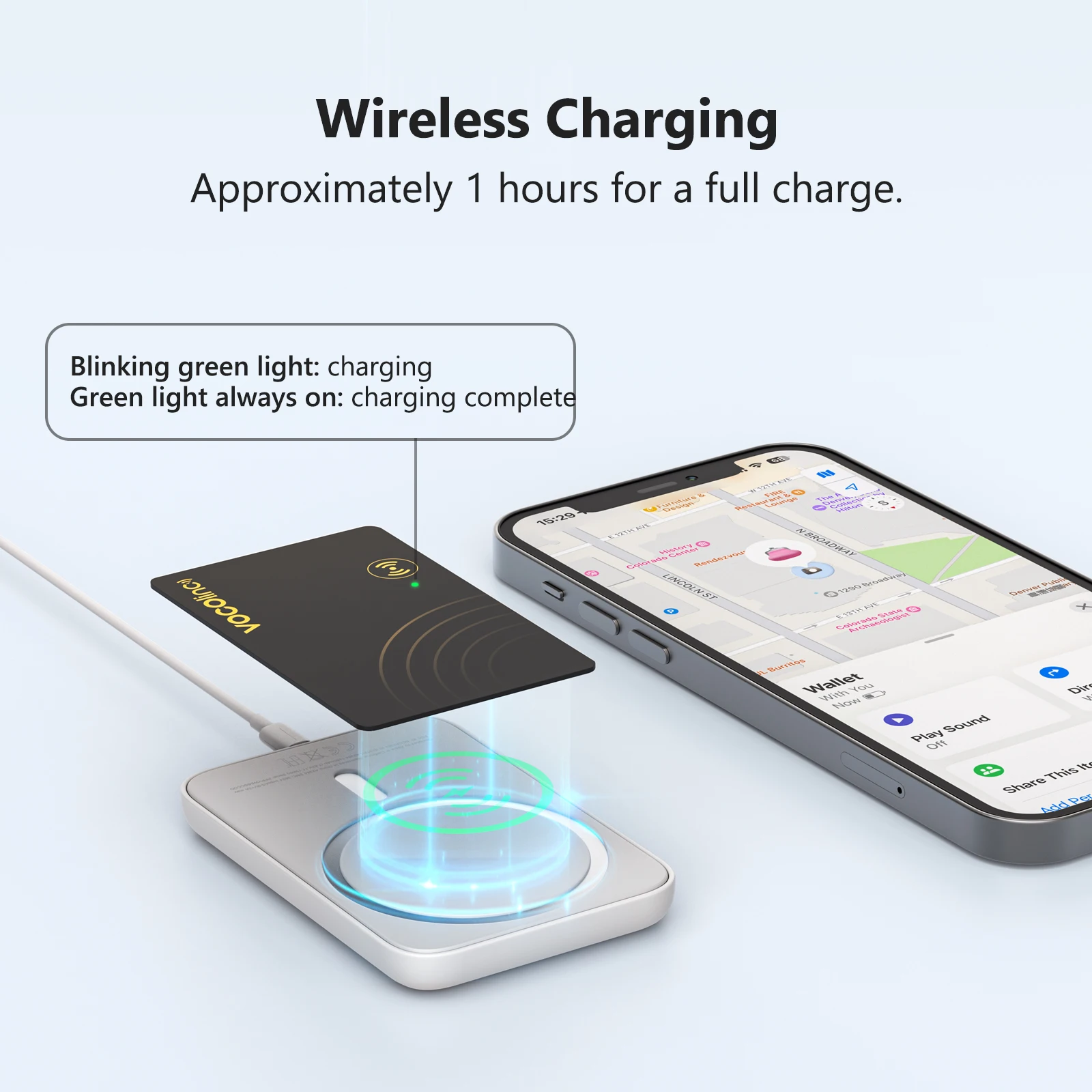 1Pcs VOCOlinc Wireless Charging Wallet Tracking Card Tag, Smart Bluetooth Car Locator, Item Finder, Use with Find My (iOS Only)