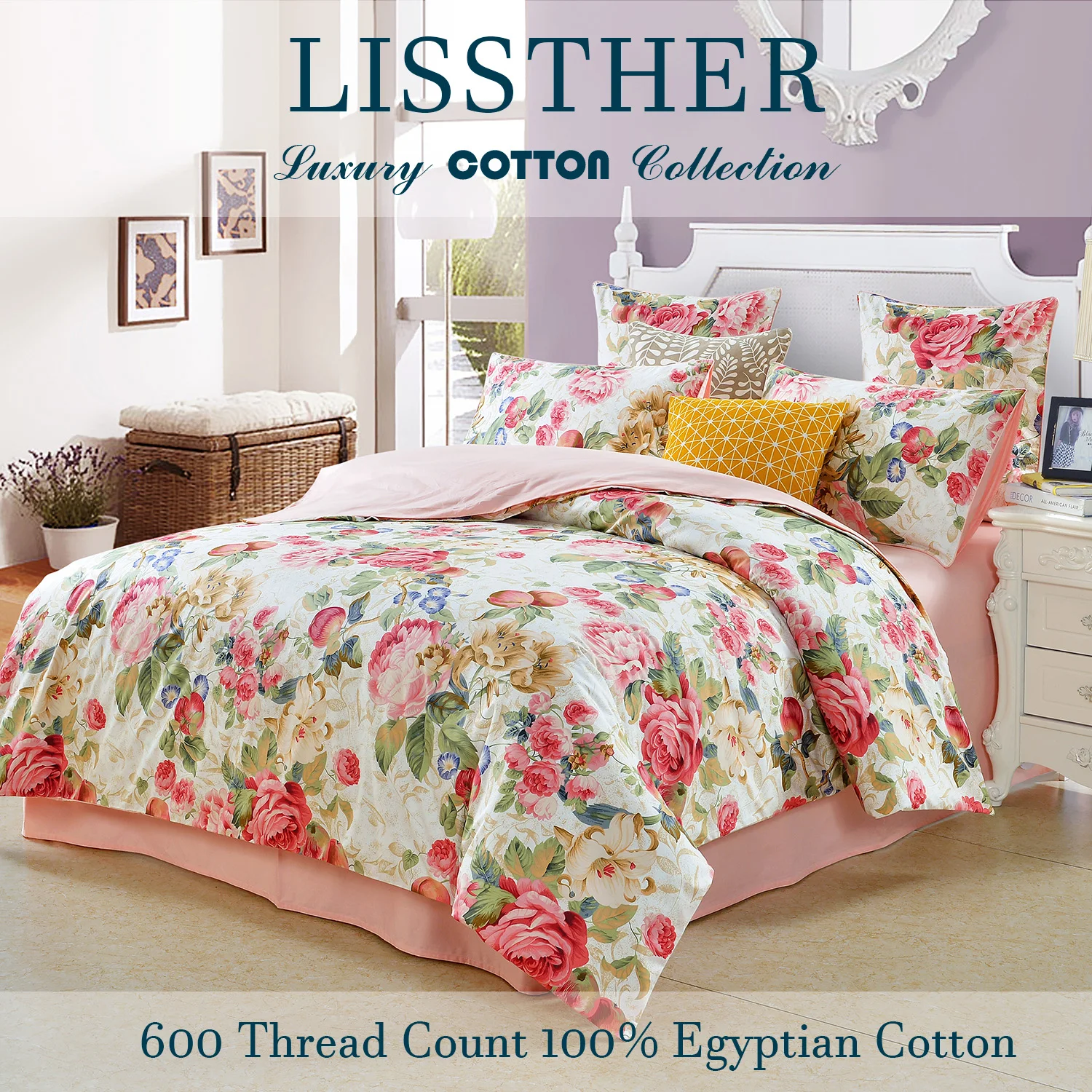 3pcs 600 TC 100% Egyptian Cotton Duvet Cover Set (Without Core), Vintage Country Garden Floral Print, Soft And Skin-friendly