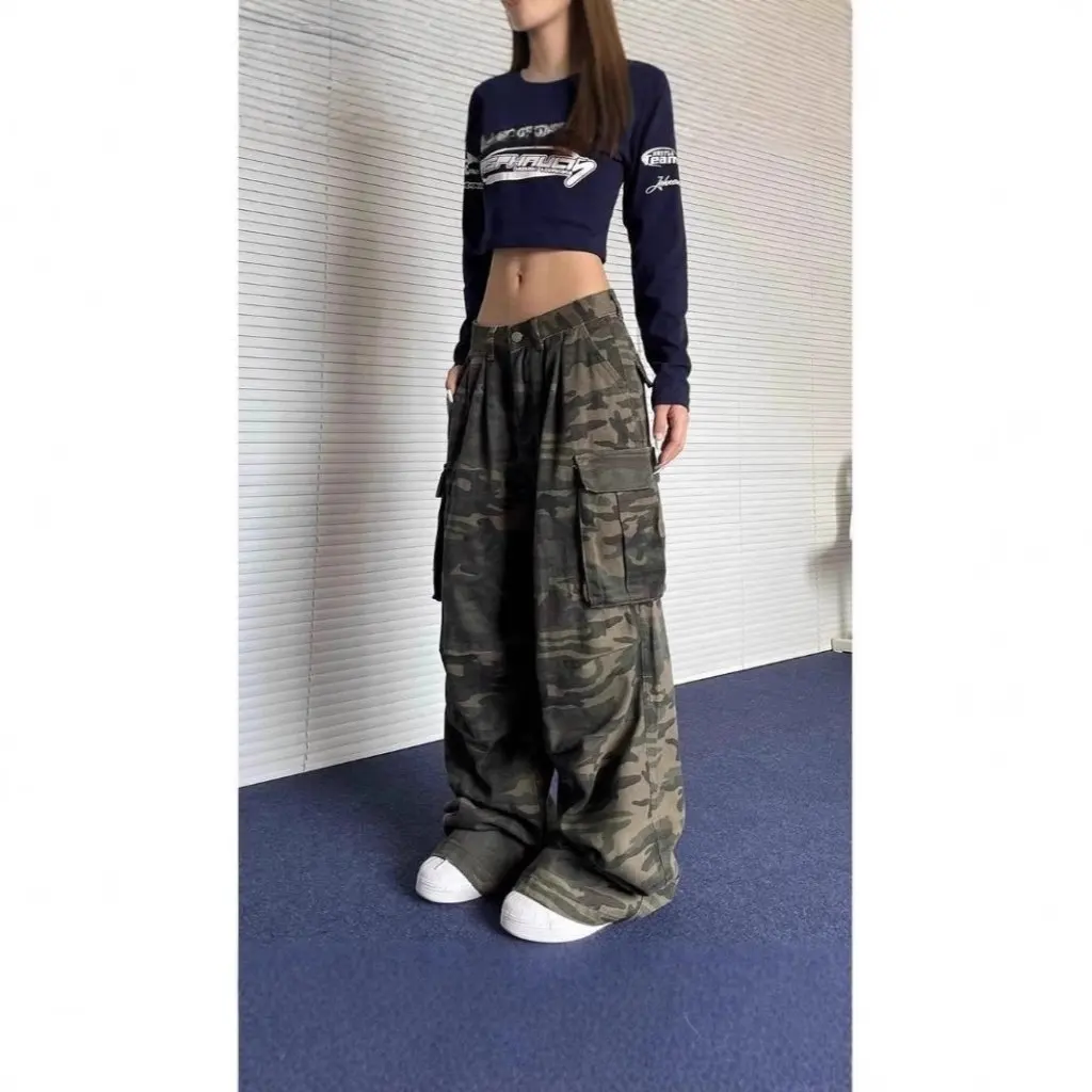 

Американские камуфляжные джинсовые брюки в стиле ретро, свободные широкие брюки, облегающие повседневные джинсы на весну и осень, модная женская мода
