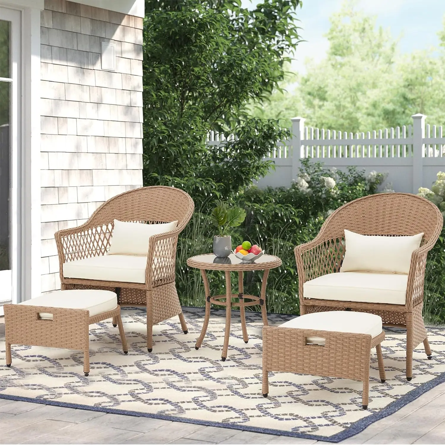 

5Pc Patio Furniture Set, Outdoor Wicker Bistro Sets with Glass Tempered Coffee Table, 2 Rattan Curved Armchairs, 2 Footrests