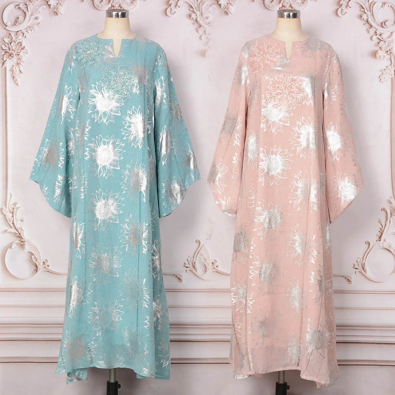 

Ramadan Eid Jalabiya Kaftan Long Islamic Party Dress Muslim Abayas-Slim-Fit, Long Flared Sleeves, Floral Foil Print&Embroidery