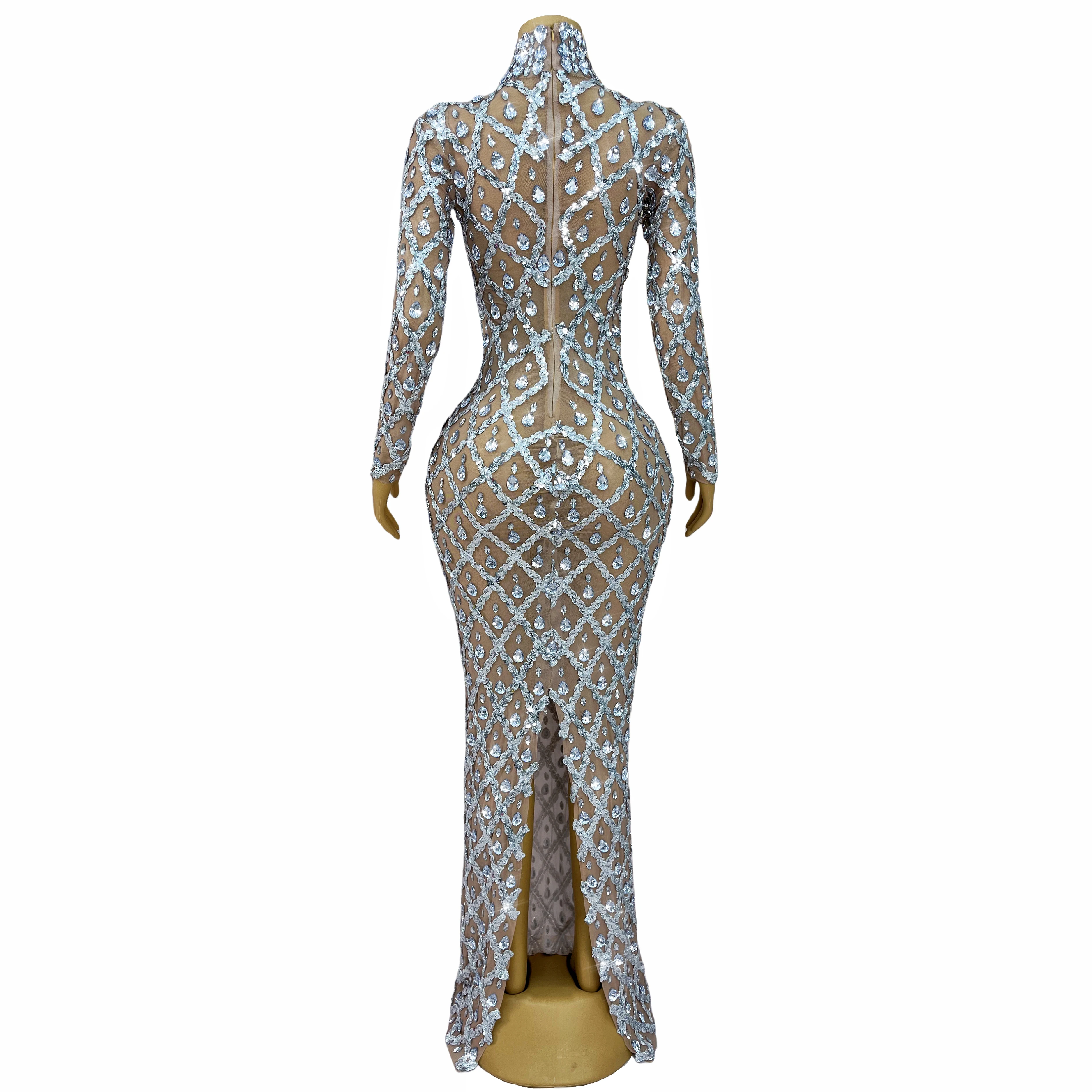 Sexy Hohltaille Transparent Mesh Sparkly Silber Strass Kleid Party Abend Feiern Outfit Modenschau Kleid Shaokaojia