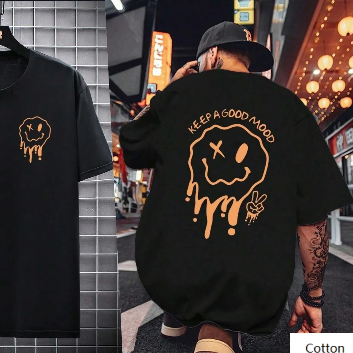 

Mens Cotton Tee Featuring “Keep A Good Mood” Smiley Trendy Printed Brand Pure Cotton T-shirt Short Sleeve Unisex Round Neck