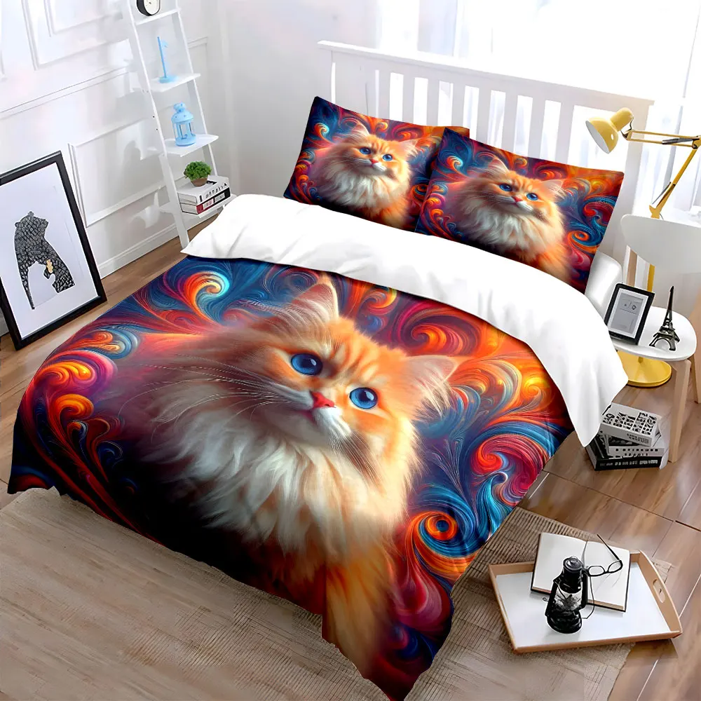 Fluffy cat with vibrant swirls Duvet Cover Set with 3D Printing Design Soft Polyester Bedding Set All-Season Comfort