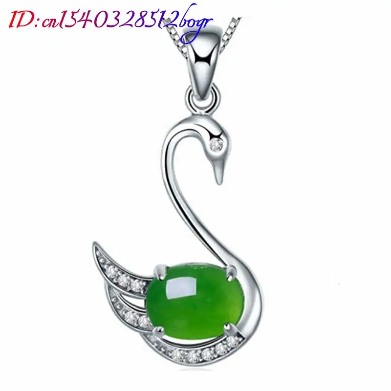 Green Natural Jade Swan Pendant Necklace Stone 925 Silver Luxury Fashion Accessories Amulet Real Jewelry Carved Gemstone