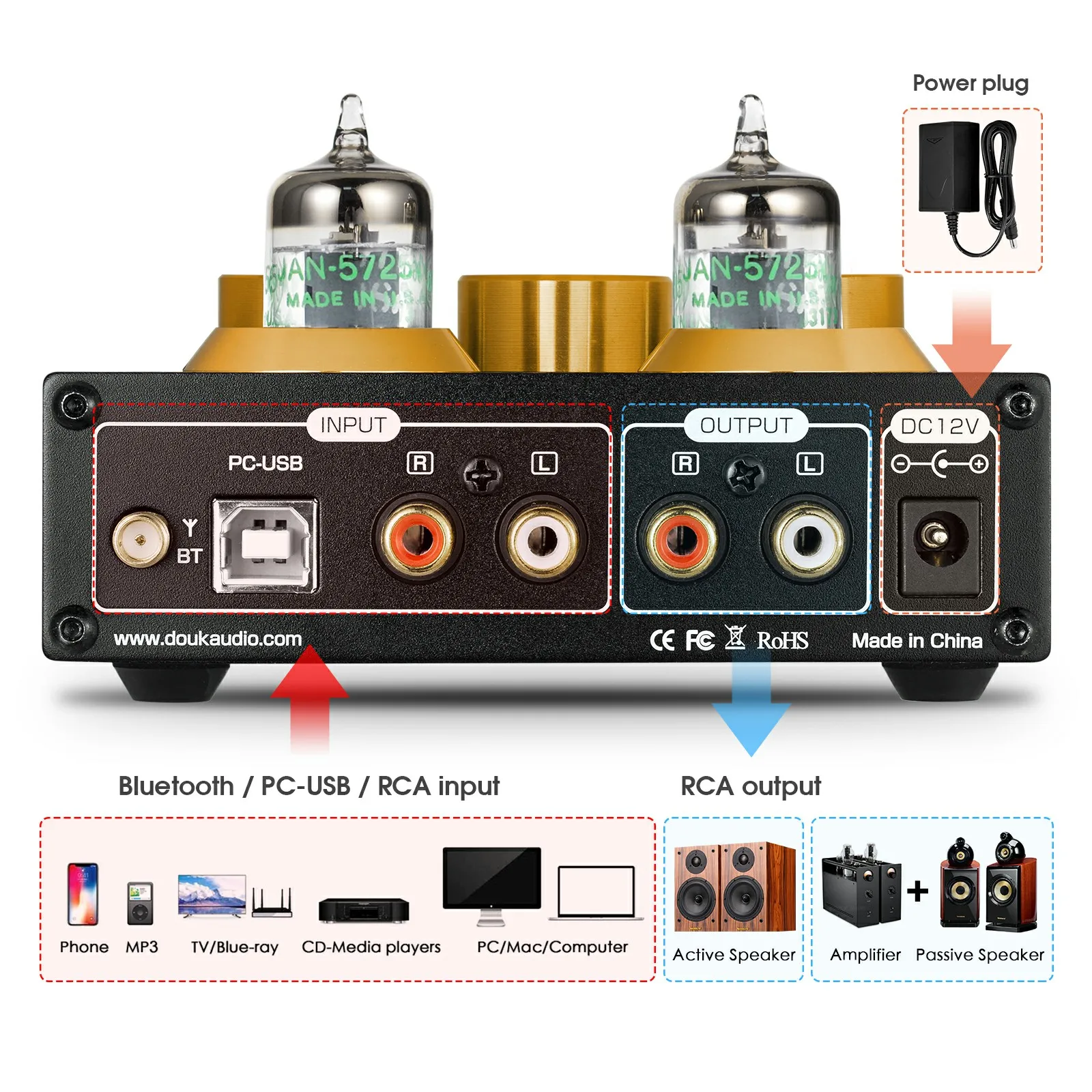 Nobsound P1 HiFi Bluetooth 5.0 JAN5725 Valve Tube Preamp Bass Preamplifier Stereo Audio Headphone Amplifier USB DAC APTX