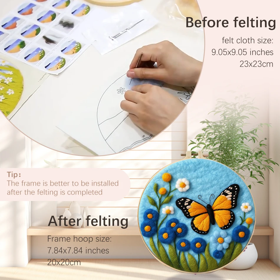 CHENISTORY 20x20cm Frame With Wool Felting Package Butterfly Needle Felting Painting Kit For Beginner Unique Gift Wool Paintings