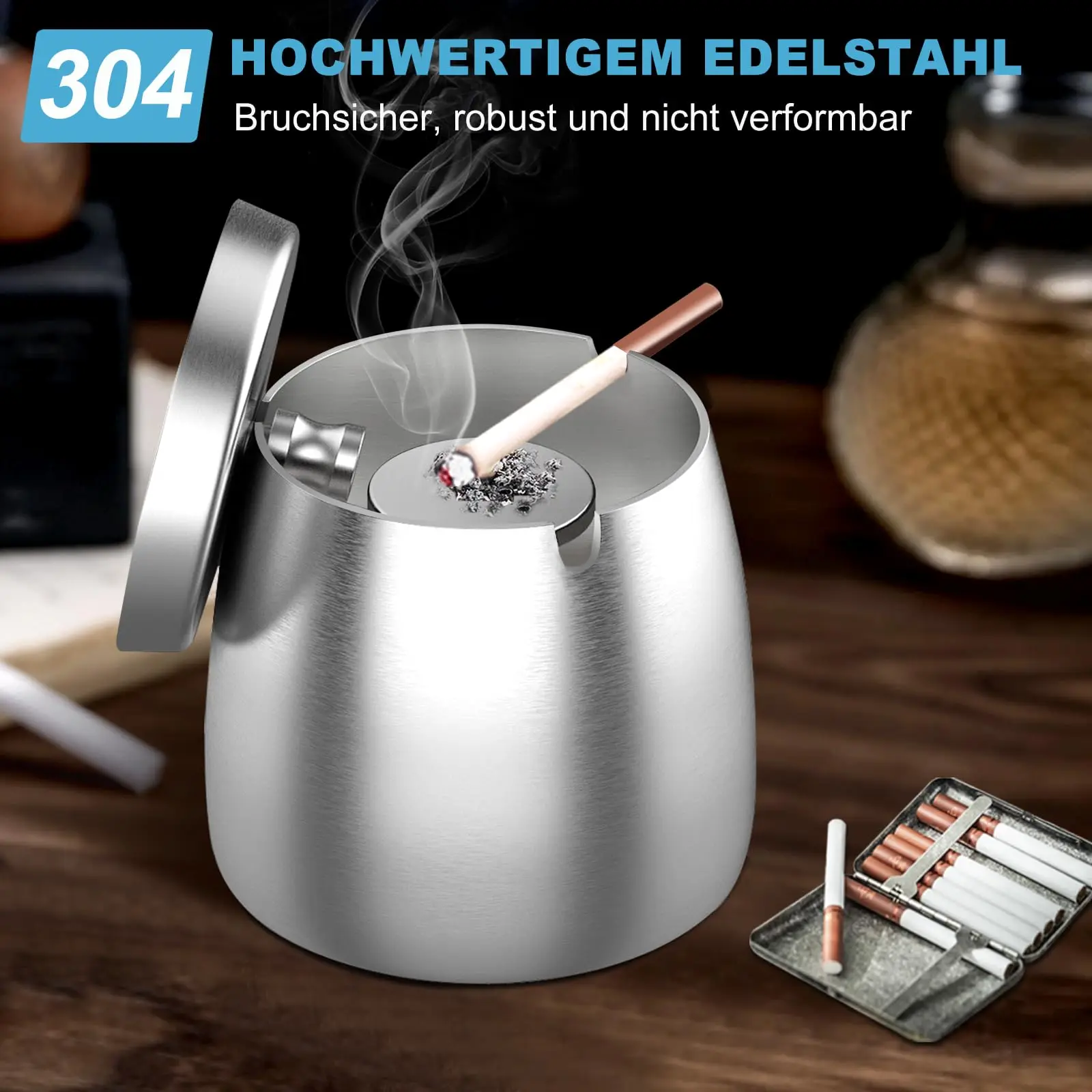 1PCS Stainless Steel Ashtray with Lid for Cigarettes Windproof Outdoor Cigar Ashtray Desktop Smoking Ash Holder Accessories