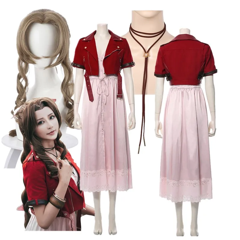 

Костюм для косплея Aerith Gainsborough FF7, фэнтезийная маскировка для взрослых и женщин, пальто, платье, ожерелье, наряды, карнавальный костюм на Хэллоуин