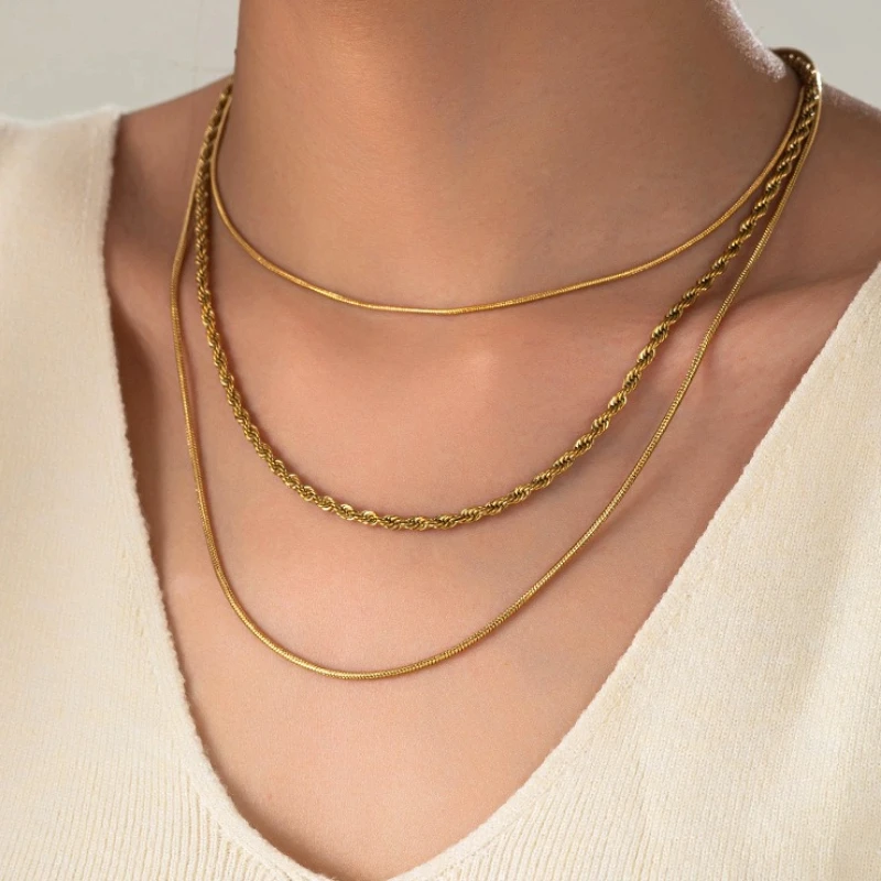 3-in-1 Twist Rope & Snake Chain Triple Layer Necklace 316 Stainless Steel Gold Integrated Stacked Choker