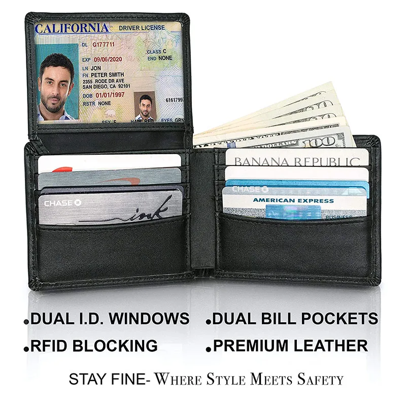 Portfel dla mężczyzn RFID blokowanie wąska przednia kieszeń Bifold prawdziwej skóry portfel męski z okienko na ID prezenty dla mężczyzn