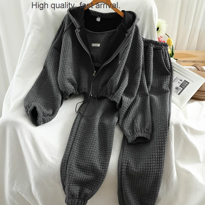 

Style Casual Sports Sling Autumn Ultra Short Suit Hoodie Coat Ankle-Tied Long Pants Three-Piece Suit for Women woman suit