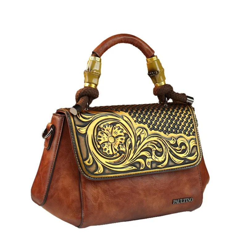 New European and American retro embossed distressed relief single-shoulder crossbody knot hemp rope handbag