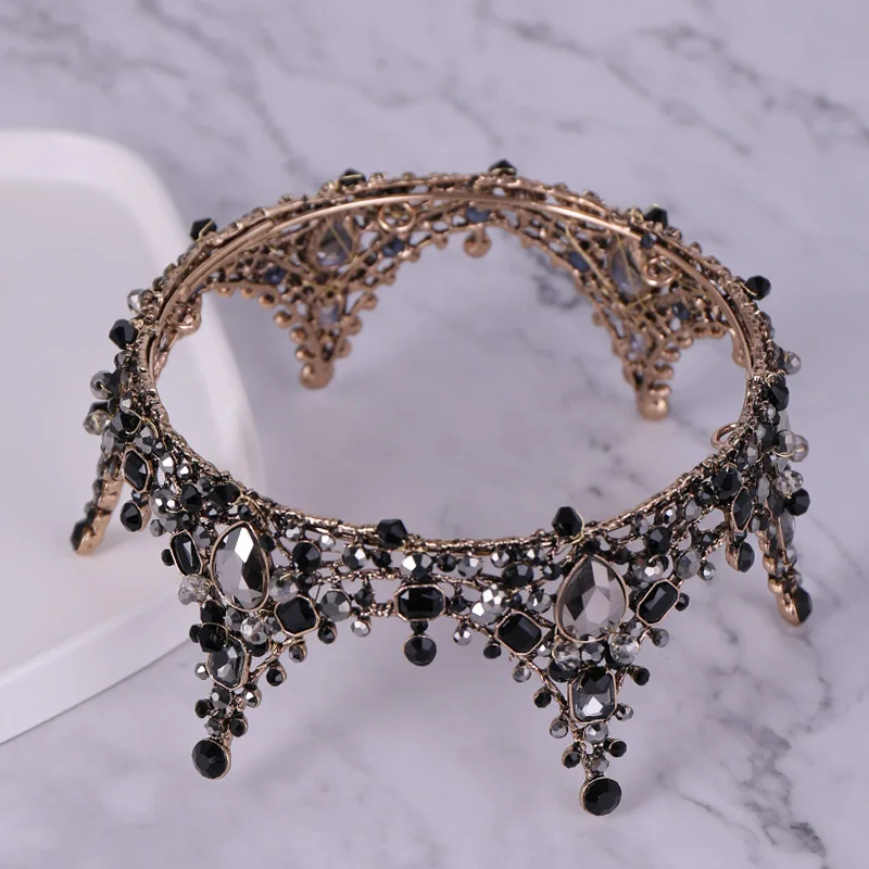 Vintage Black Beads Tiara Round Gothic Crowns Hairband Rhinestone Baroque Headband Women Bride Wedding Hair Jewelry Accessories