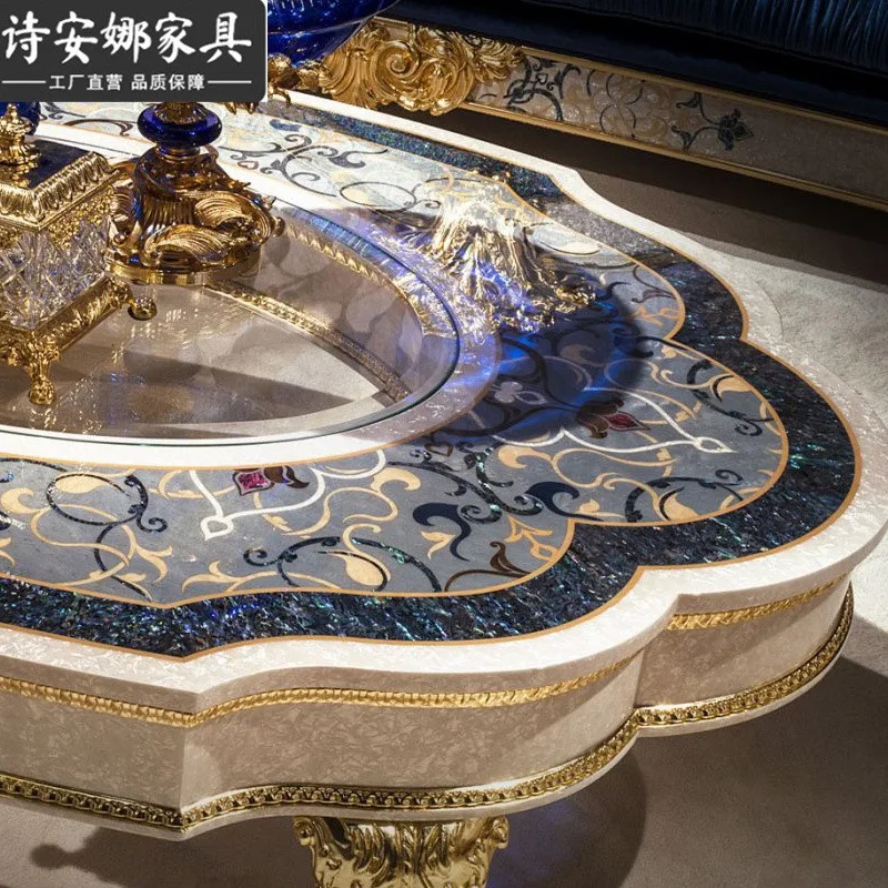 French Italian European solid wood carving flower coffee table large apartment living room shell inlaid parquet tea table coffee