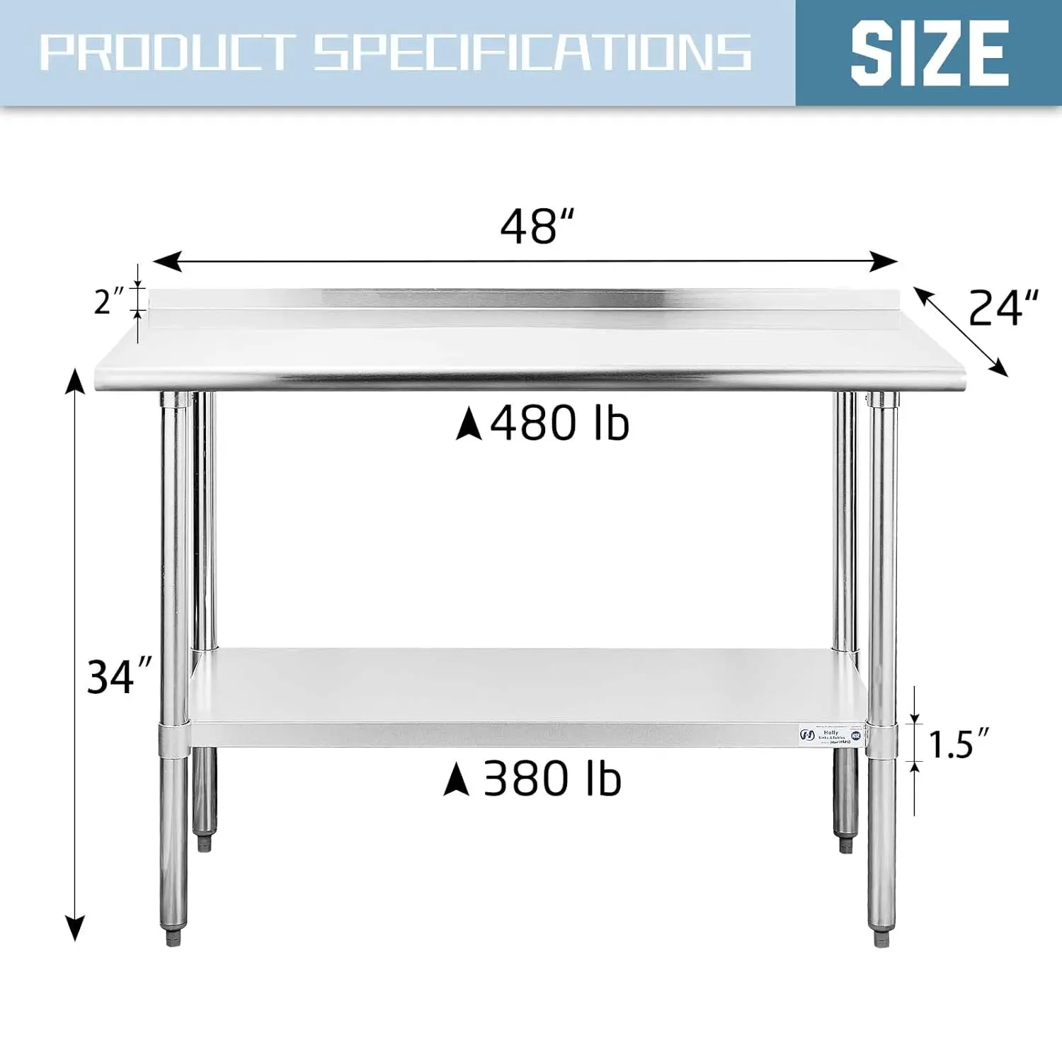 Table de service rapide commerciale NSF avec sous-étagère et dosseret pour restaurant, maison et hôtel, 24x48 ans