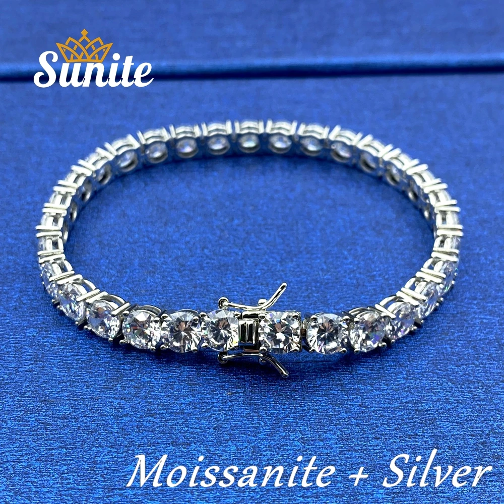 Sunite 3mm 4mm 5mm 6.5mm Full Moissanite Tennis Bracelet for Women Men Lab Diamond S925 Sterling Silver GRA Certificate Bangle