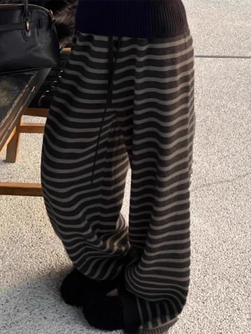 하라주쿠 대비 컬러 스트라이프 여성 와이드 레그 팬츠 빈티지 그런지 루즈 니트 팬츠 Y2K 아메리칸 캐주얼 레이디 스트레이트 바지