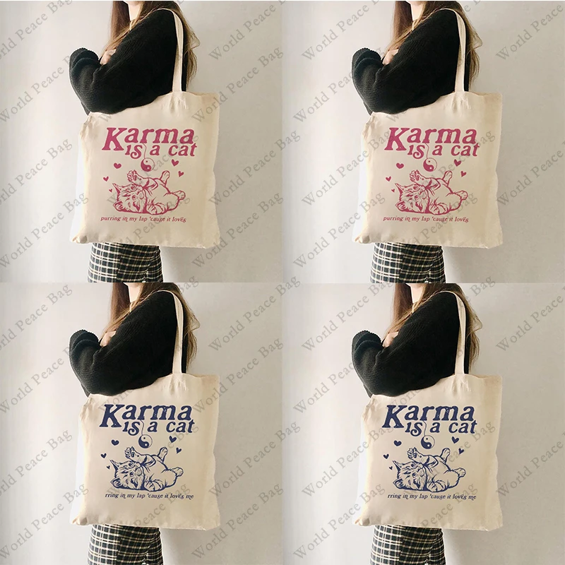 1pc Karma is a Cat Album Positive Quote pattern Tote Bag  Canvas Shoulder Bag For Travel Daily Commute Women's Reusable Shopping