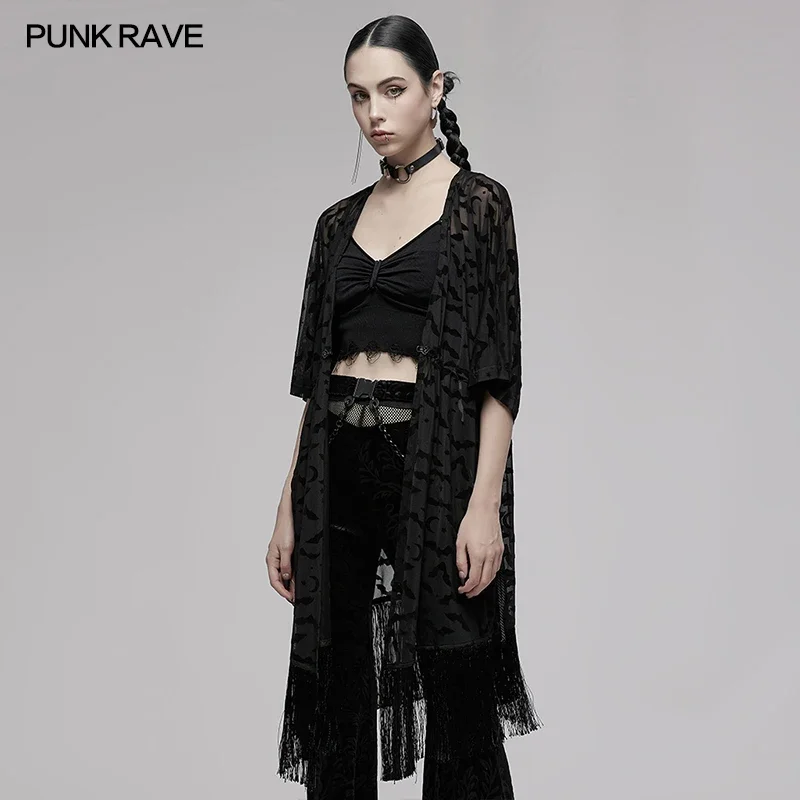 PUNK RAVE Women\'s Chinese Style Tassel Bat Moon Flocking Coat Gothic Decoration Casual Wizard Hat Halloween Cardigan