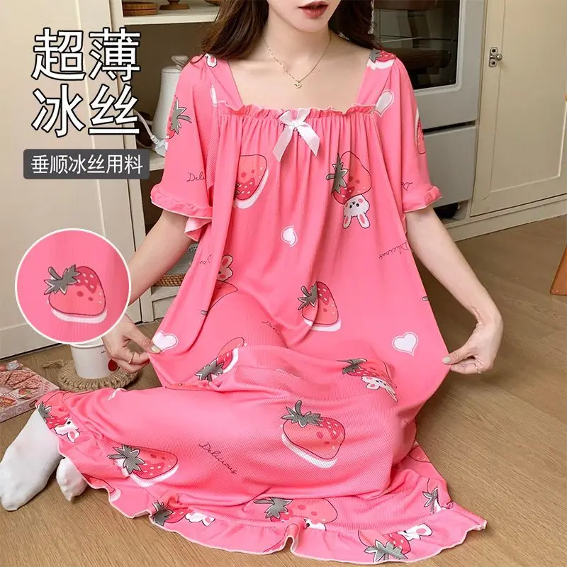 Ice Silk Lace Long Sleepwear Sleepwear Set Nightdress Homewear Nightwear Pyjamas Female Nightgown Loose Plus Size Short Sleeve