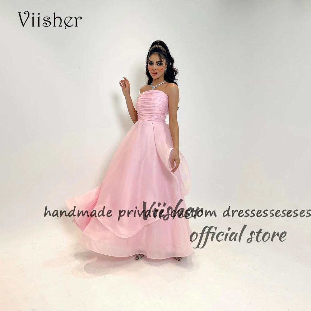 

Pink Organza Evening Dresses Pleats Strapless A Line Arabian Dubai Prom Party Dress Floor Length Formal Occasion Gowns