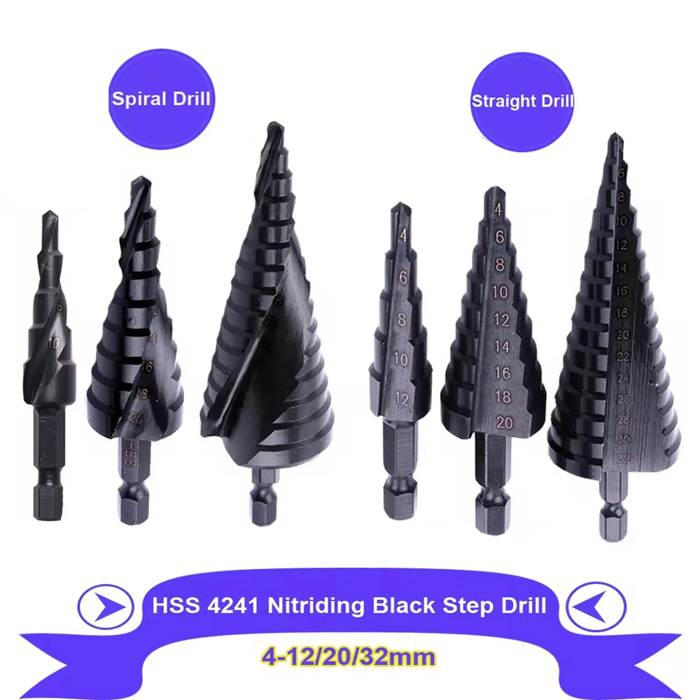 

4-12/4-20/4-32mm Hss Step Drill Bit Nitride Black Coated Cone Hole Cutter Metal Drill Bit Spiral/Straight Groove Stepped Drills