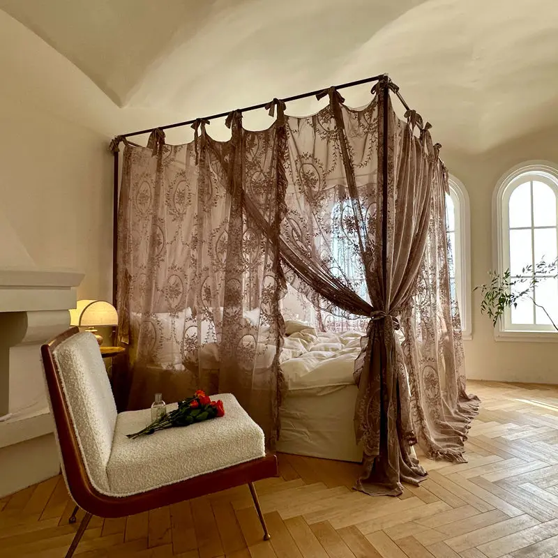 High-end Homestay Hotel Mosquito Net No Installation Bracket Three Open With Tie French Princess Style Brown Lace Bed Curtain