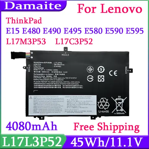 L17L3P52 레노버 씽크 패드 L480 L490 L580 L590 L14 L15 시리즈 노트북 배터리 01AV464 L17M3P54 01AV465 L17C3P52 45Wh