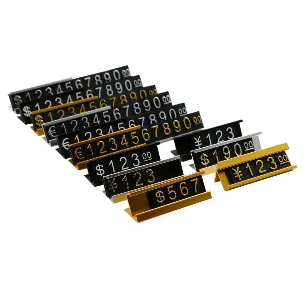 16pcs Gold Black Silvery Metal Frame Base Arabic Numerals Price Display Tag Shelf Counter Top Adjustable Digits Cube Reusable