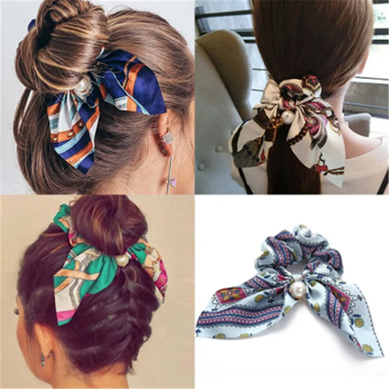 Fashion Floral Single Print Bow Satin Long Ribbon Ponytail Scarf Hair Tie Scrunchies Women Elastic Hair Bands Hair Accessories