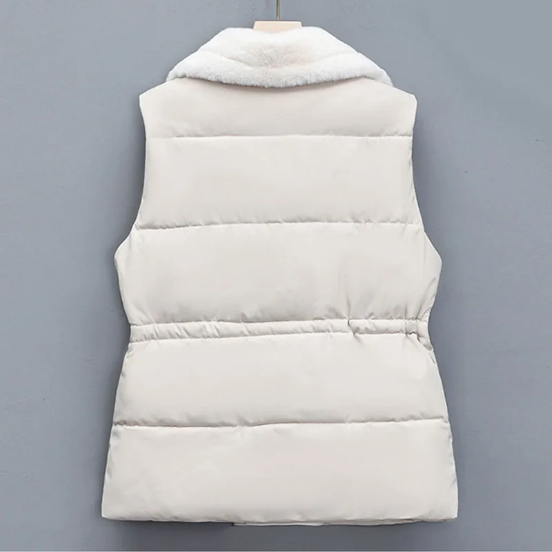 Autumn Winter Women Vest Fur Integrated Lapel Drawstring Horse Jacket With Lamb Fur Patchwork Down Cotton Vest Female Waistcoat