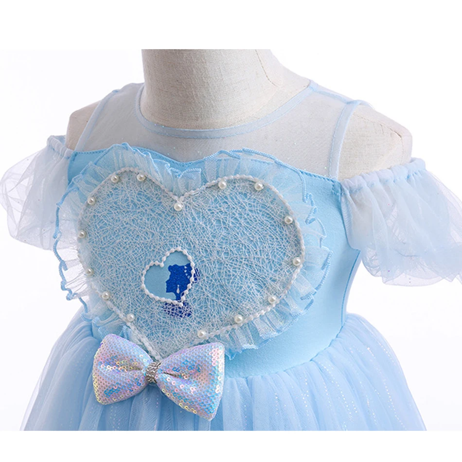 Blue Elegant Princess Dress Frozen Elsa Costume Girls Summer Short Sleeve Dress Little Girl Birthday Love Ball Gown Casual Cloth