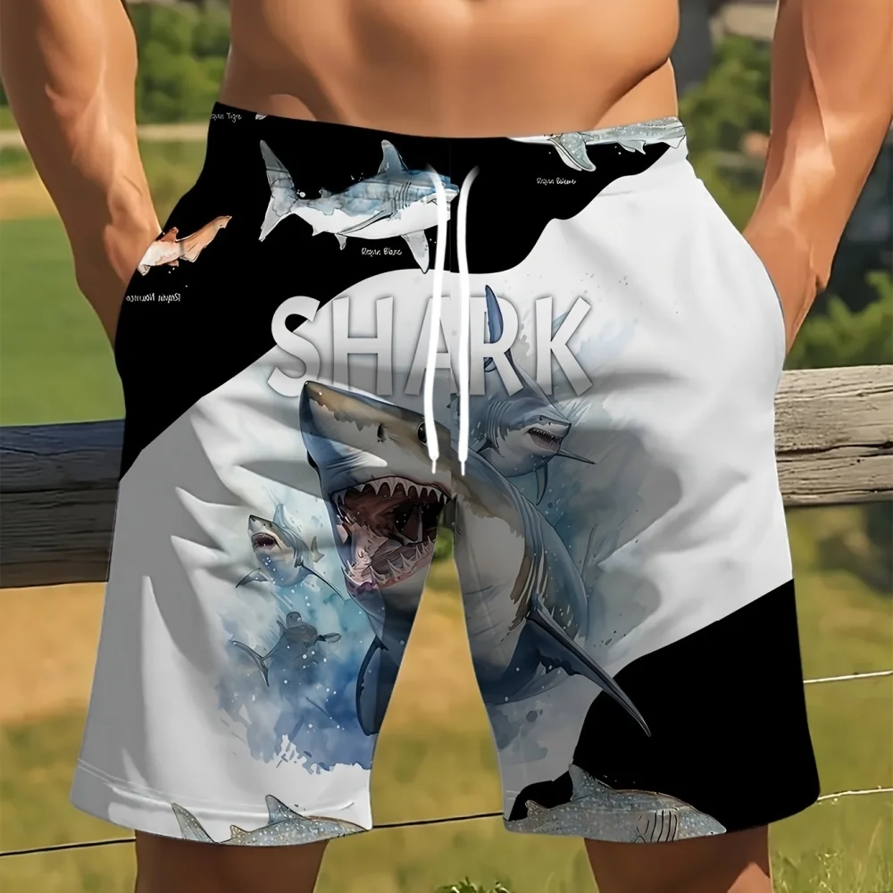 

Men's Casual Shorts with Shark Pattern Summer Breathable Beach Pants Daily Wear Sports Five-Point Pants