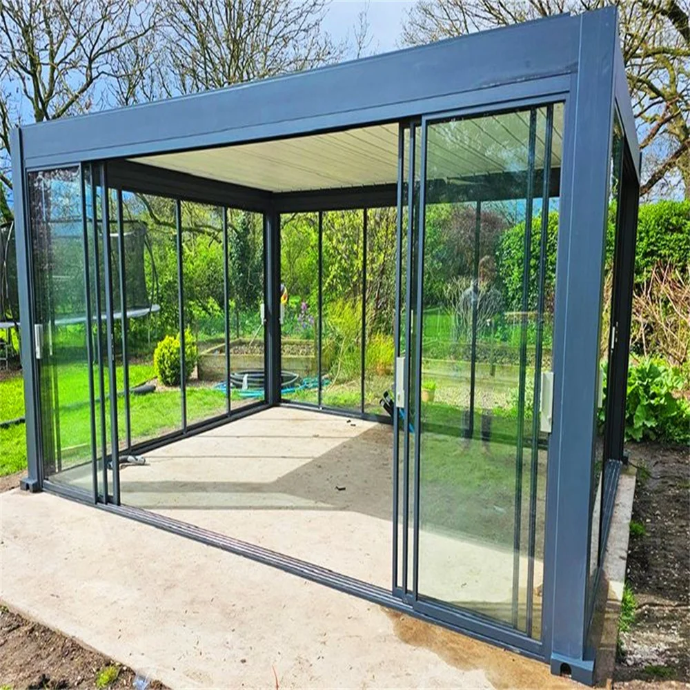 Bioclimatic Pergola with Glass Door Waterproof Strong Windproof  Snow Carrying Capacity LED Motor Manual Roof