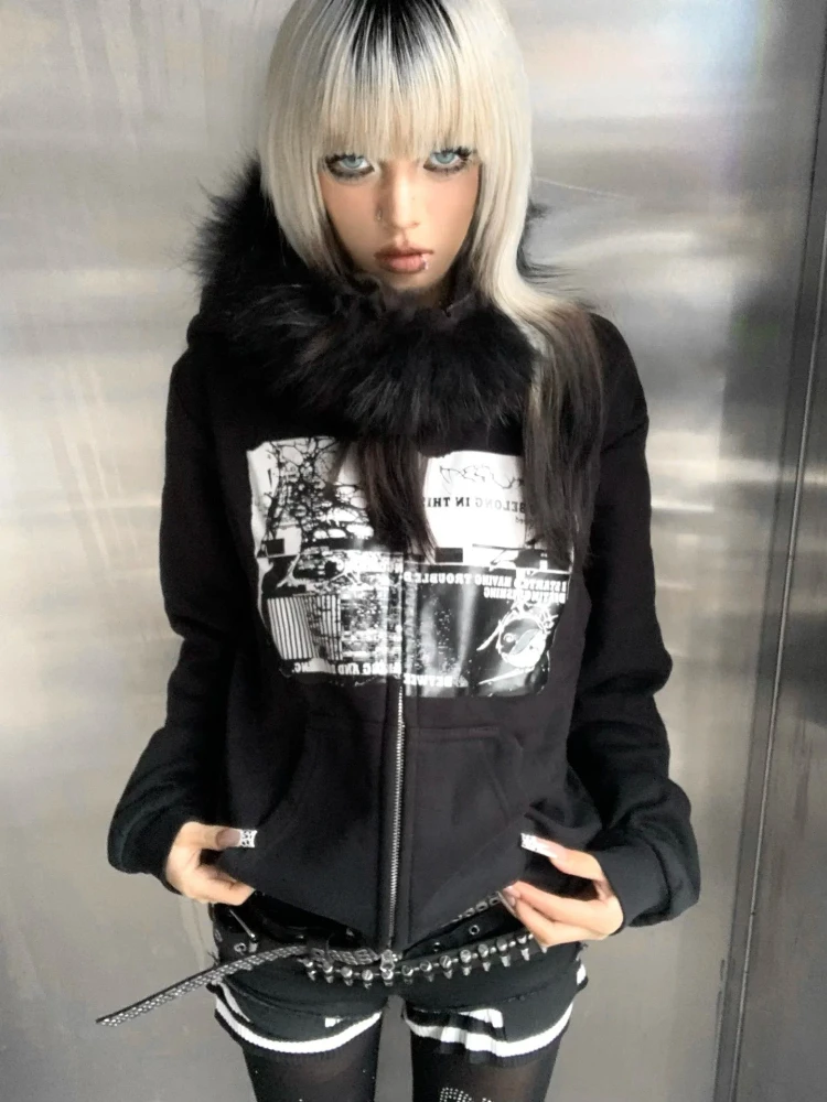 

Женские толстовки и куртки из искусственного меха в американском винтажном стиле 2026 года, с капюшоном, в стиле Y2K, готика, хариджук, субкультура панк, эмо