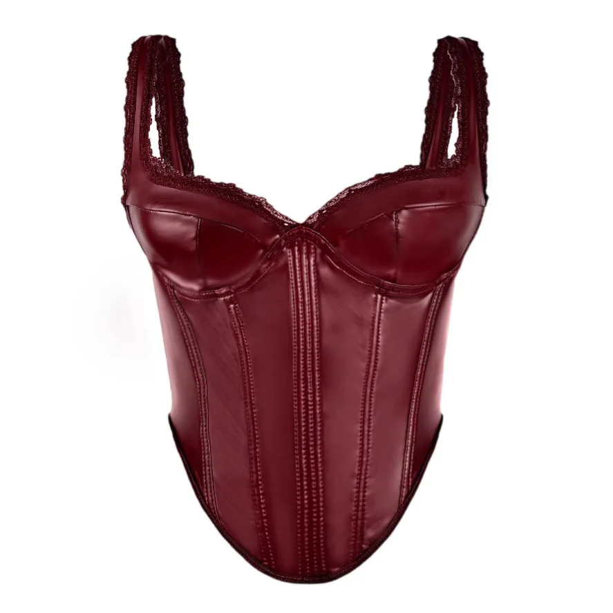 

Pu Leather-Look Corset Top Non-Stretch Lace Bustier for Women Elegant Boned Camisole Gothic Lingerie Sexy Bustier Bra Underbust