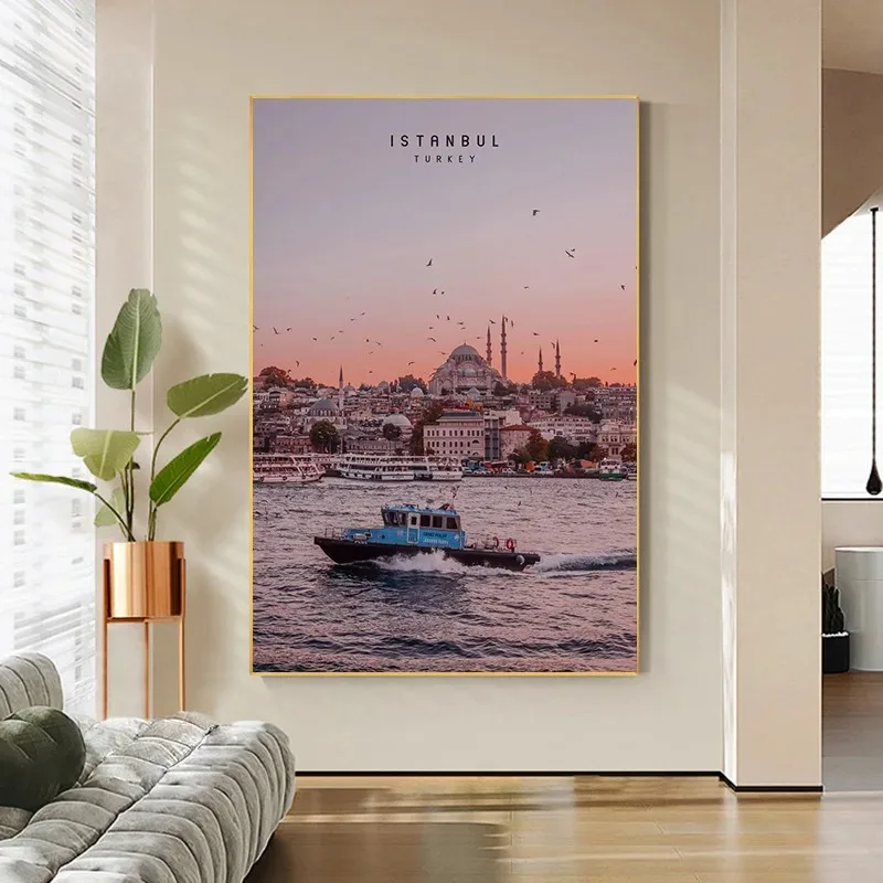 Istanbul Poster Tourist Landscape Seagull Yacht Hot  Air Balloon Canvas Print Poster Wall Home  Art Decoration Painting