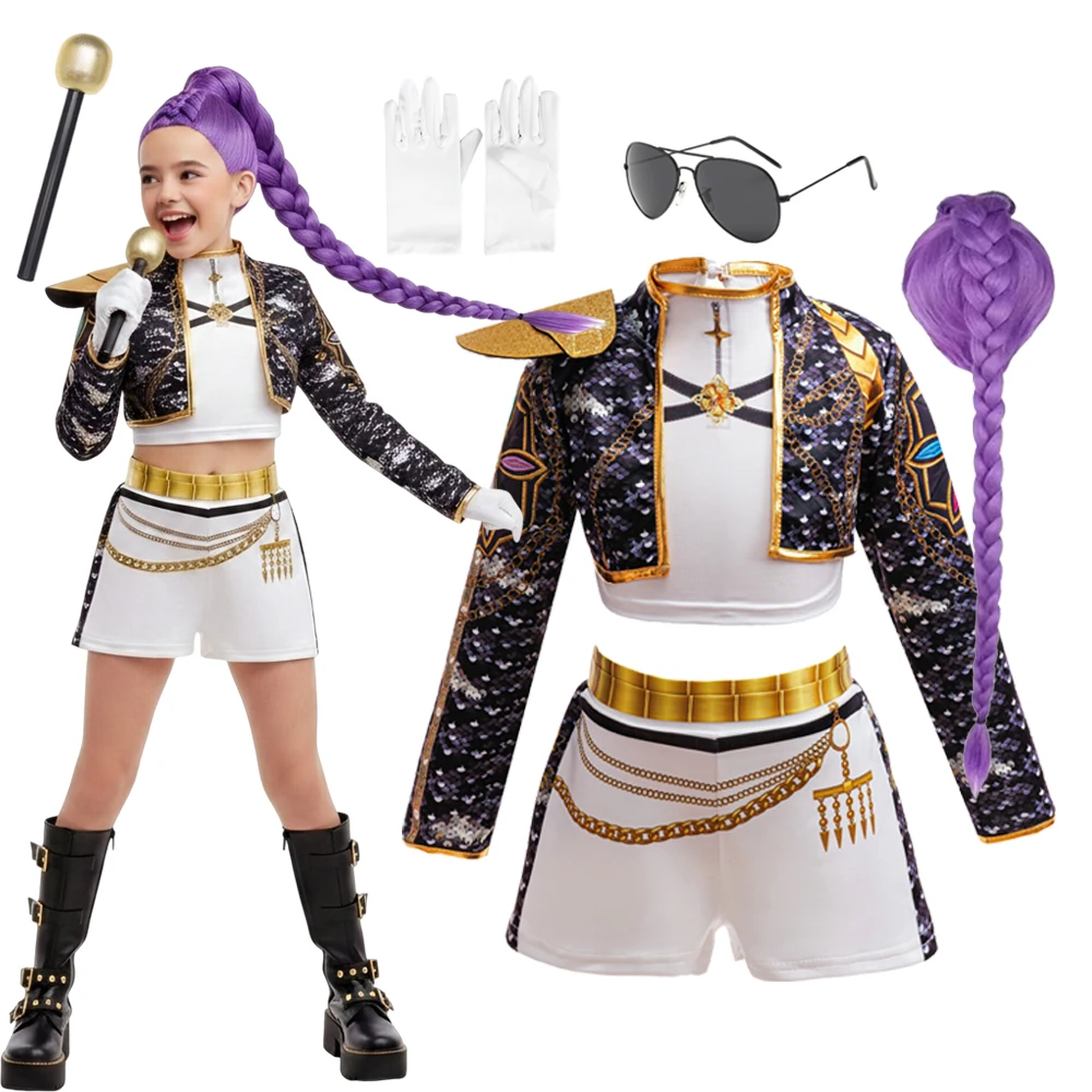 Image of 3-teiliges Set Mädchen Koreanisches Musik-Kostüm Jacke Hemd Shorts Superstar Tanz Sänger Show Halloween Cosplay Geburtstag Party Outfit
