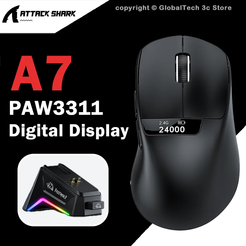 

Беспроводная игровая мышь FREEWOLF A7, три режима подключения (Bluetooth), легкая (59 г), сенсор PAW3311, 24K DPI, умный дисплей, RGB, зарядная док-станция для геймеров