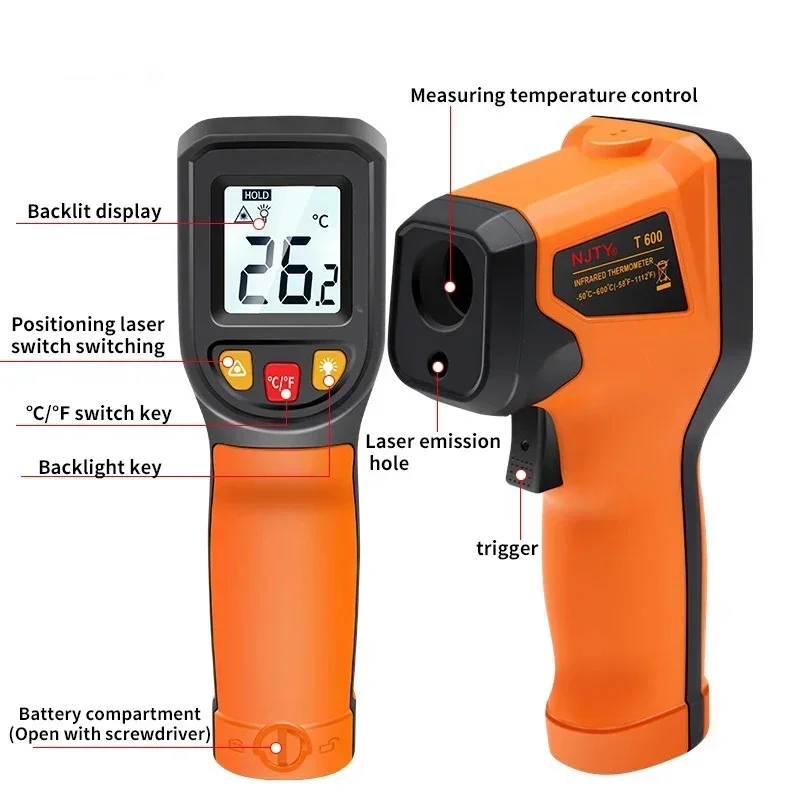 -50~600℃ Infrared Thermometer Industrial Handheld Temperature Measuring Instrument Cooking Tester Oven Engine Surface Temp Read