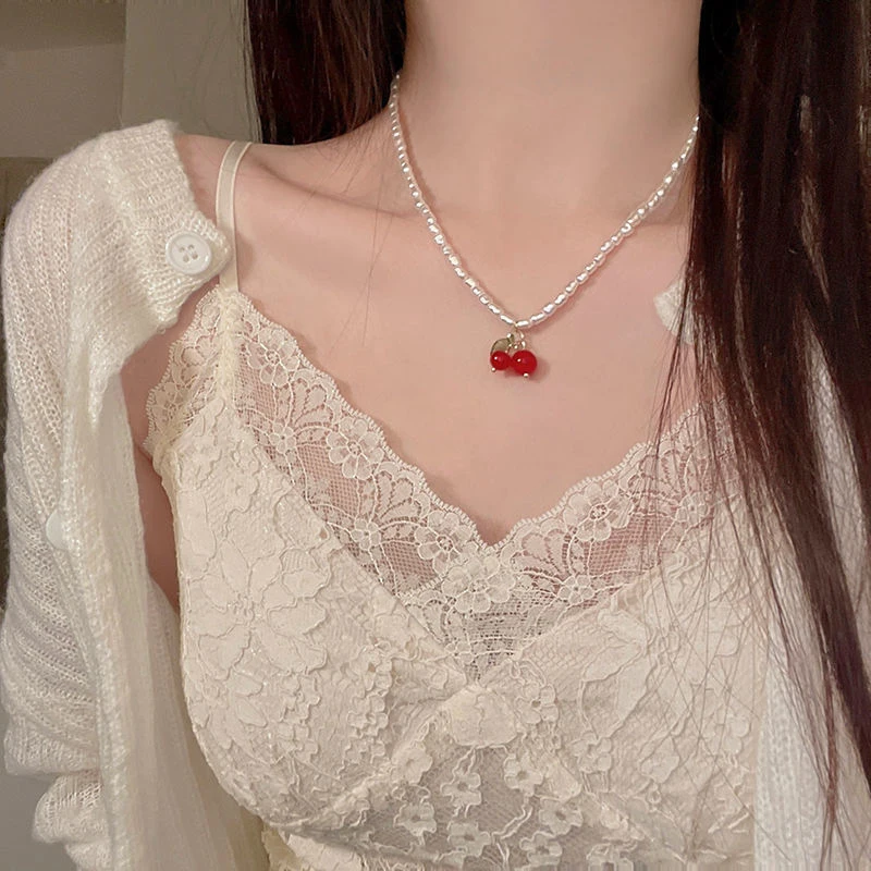 Sweet Cute Cherry Pearl Necklace For Women Pearl Clavicle Chain Collar Necklace Girls Neck Chains Exquisite Choker Jewelry