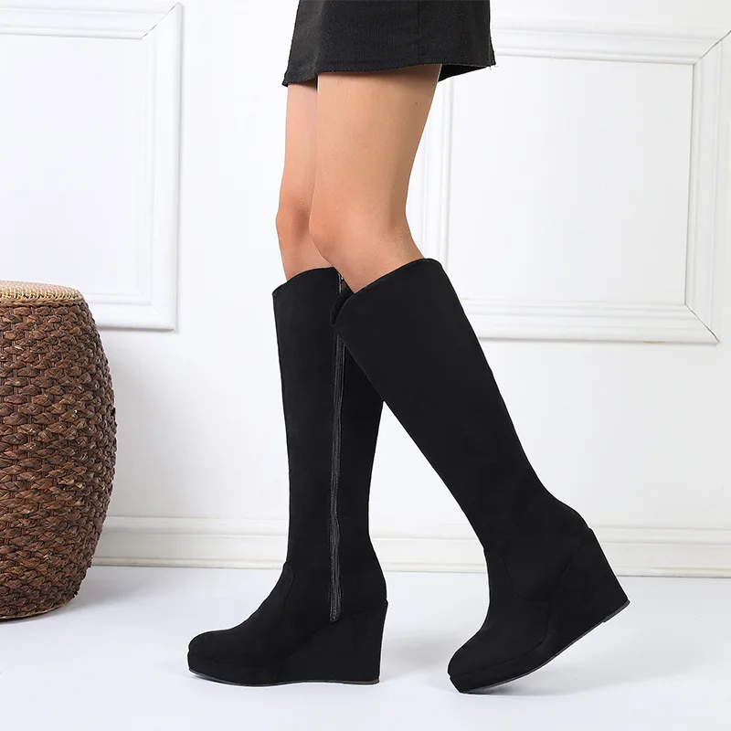 2024 Autumn Early Winter Shoes Women Knee High Boots Single Wedges Ladies Ankle Boots Plus Size 42 Black Wedge Heels 10cm D167