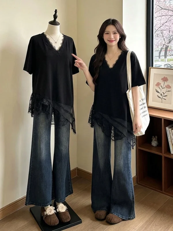 

Black Lace Hem V-Neck Short Sleeve T-Shirt Women's plus Size Mid-Length Summer New Style Commute Wind Korean Version Fat MM