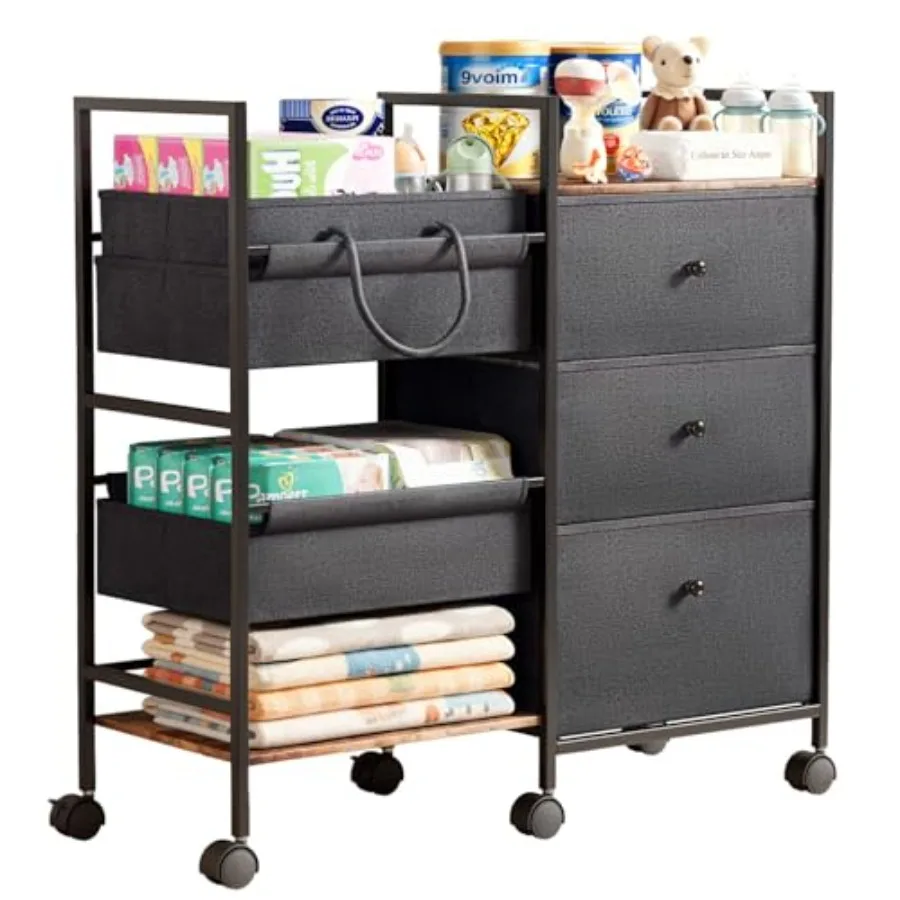 

2-in-1 Baby Diaper Caddy Organizer and Storage-3 Tier Rolling Baby Cart with Dividers and Drawers, Baby Essentials for Nursery