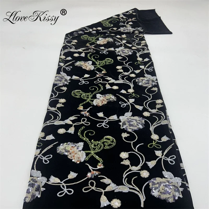 

NEW Popular Velvet 3+5MM Colorful Embroidery Sequin Fabric Evening Dress Cheongsam Runway Dress Glitter Fabric Width 125CM